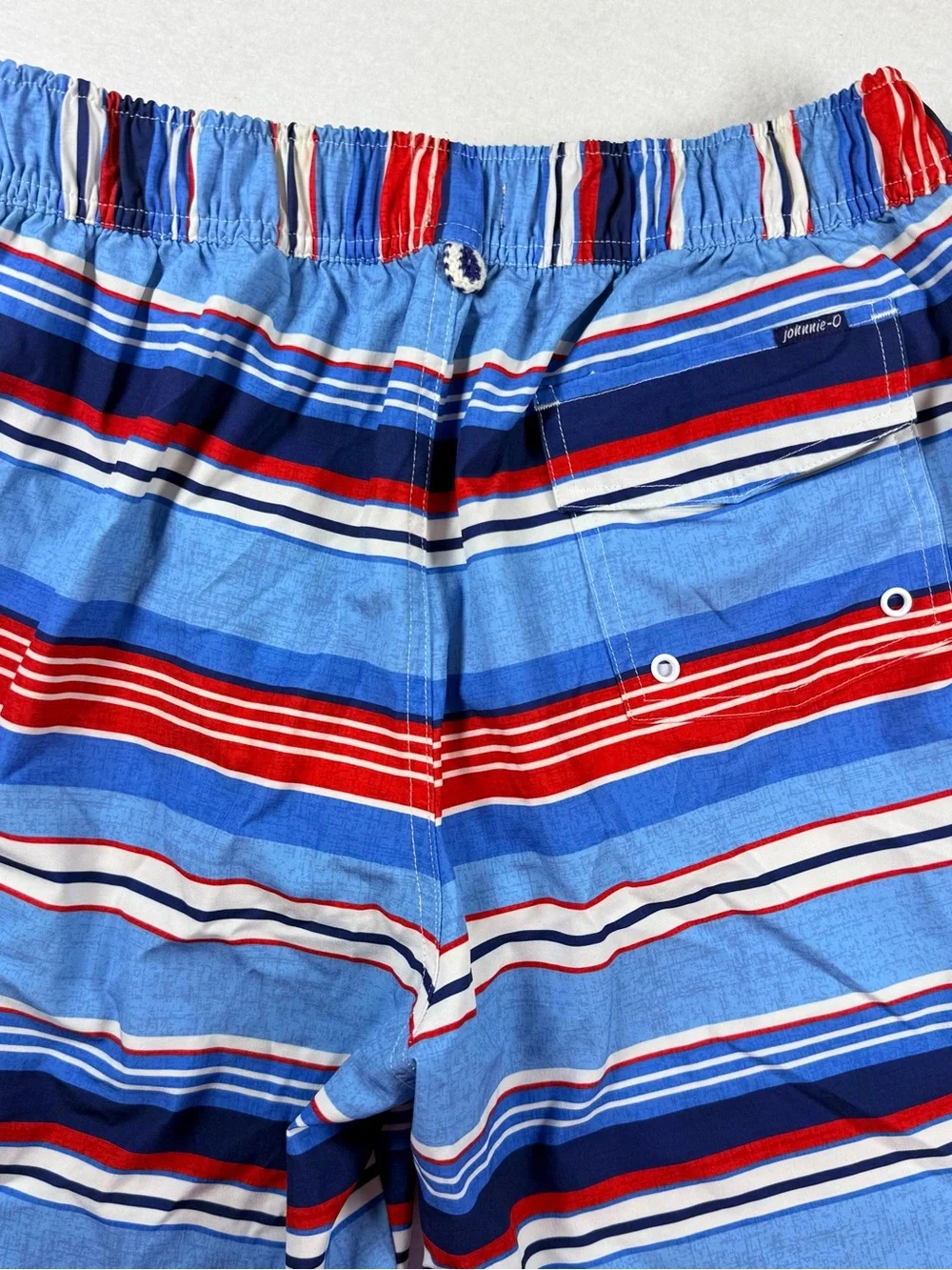 Johnnie-O Swim Trunks Medium Blue Red White Stripes Coastal Nautical
